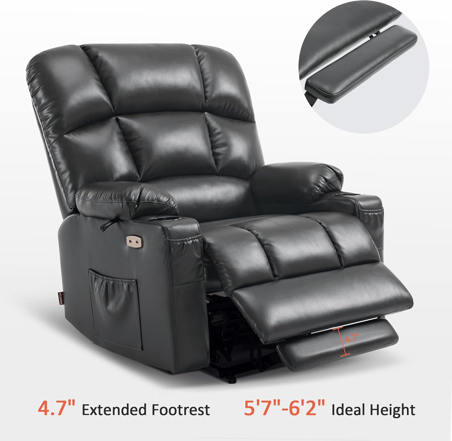 MCombo Oversized Dual Motor Power Lift Recliner Chair Sofa with Massage and Heat for Big Elderly People, Infinite Position, USB Ports, Faux Leather R7688 (Dark Grey, Large-Oversize)