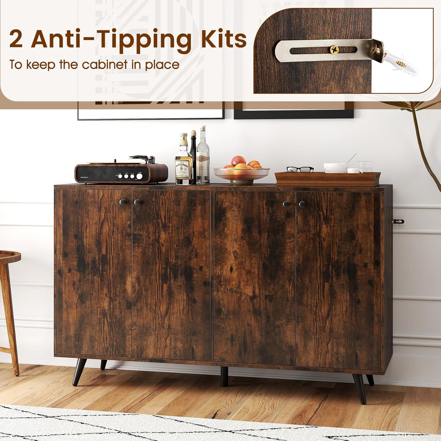 Giantex Sideboard Buffet Cabinet, 50’’ Accent Kitchen Storage Cabinet with 4-Door & 5-Position Adjustable Shelves, Modern Sideboard with 5 Legs, Buffet Table for Coffee Bar, Living Room, Rustic Brown