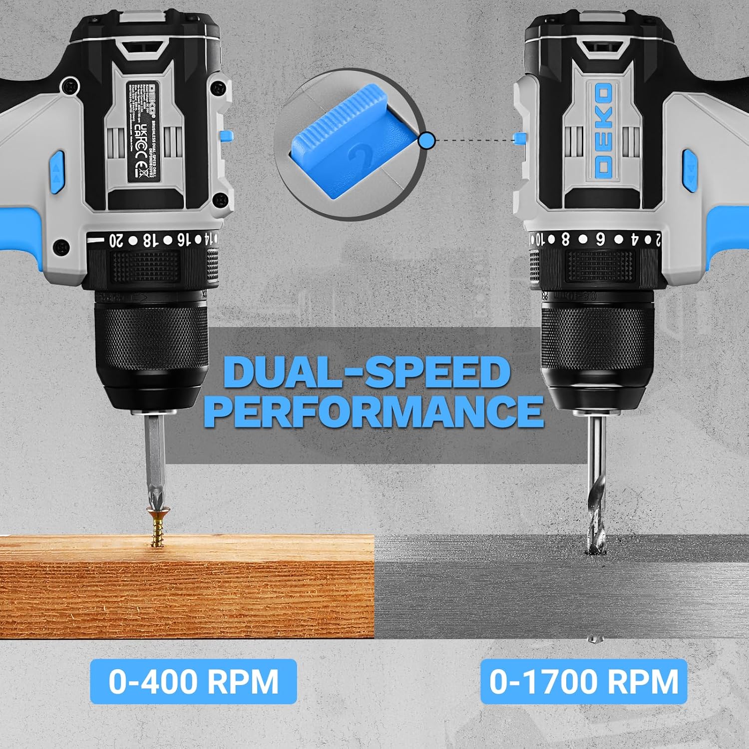 Cordless Drill & Impact Driver: DEKOPRO 20V Brushless Power Drill and 20V Brushless Impact Driver Set, Power Tool Set with 2 x 2.0Ah Batteries, Charger, Bag& 52 x Accessories-Blue