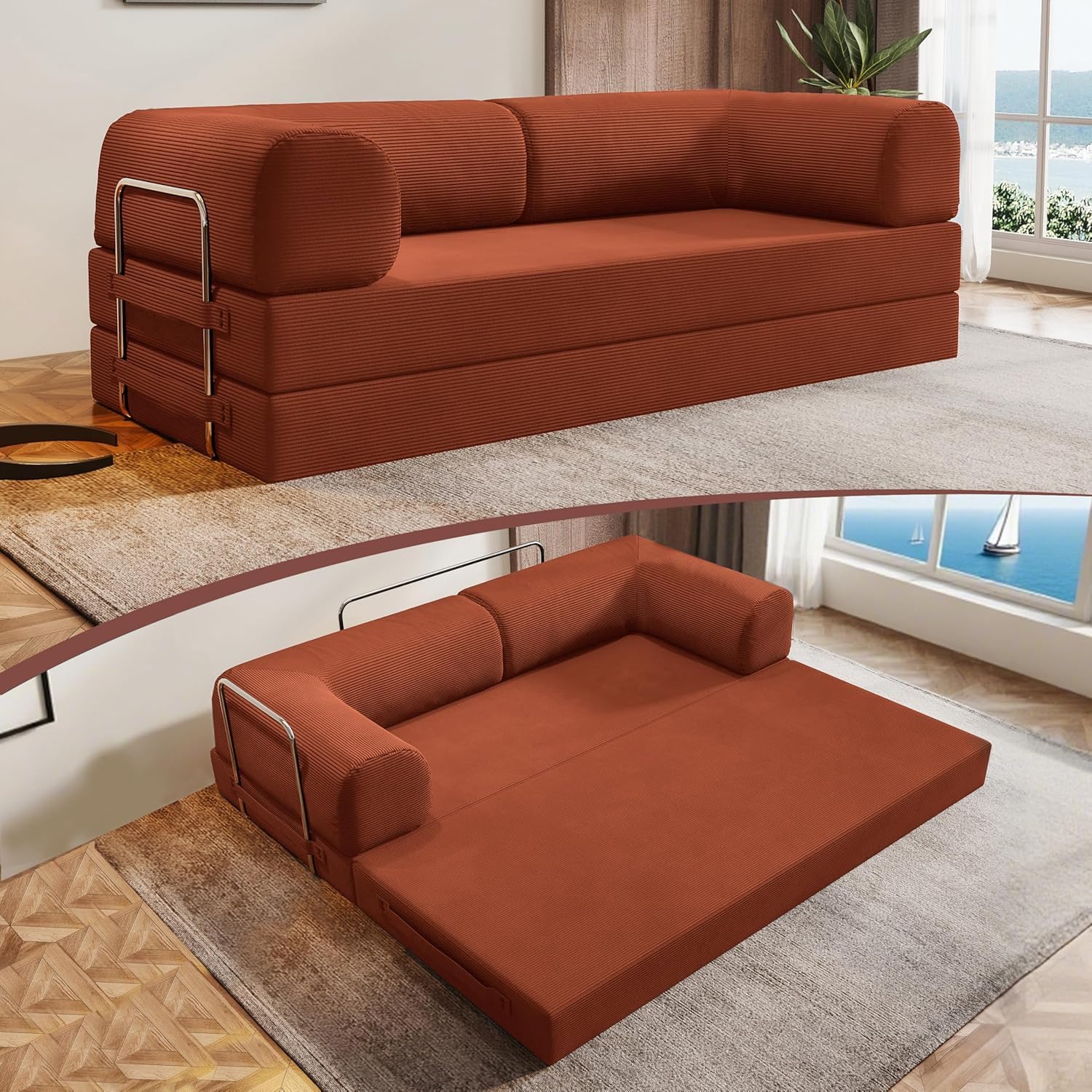 78.8" Folding Convertible Sofa Bed, 4-in-1 Floor Sofa Modular Futon Couch .Pull Out Couch Memory Foam King Size Sofa Bed .No Assembly Needed Boneless Couch for Living Room（Orange）