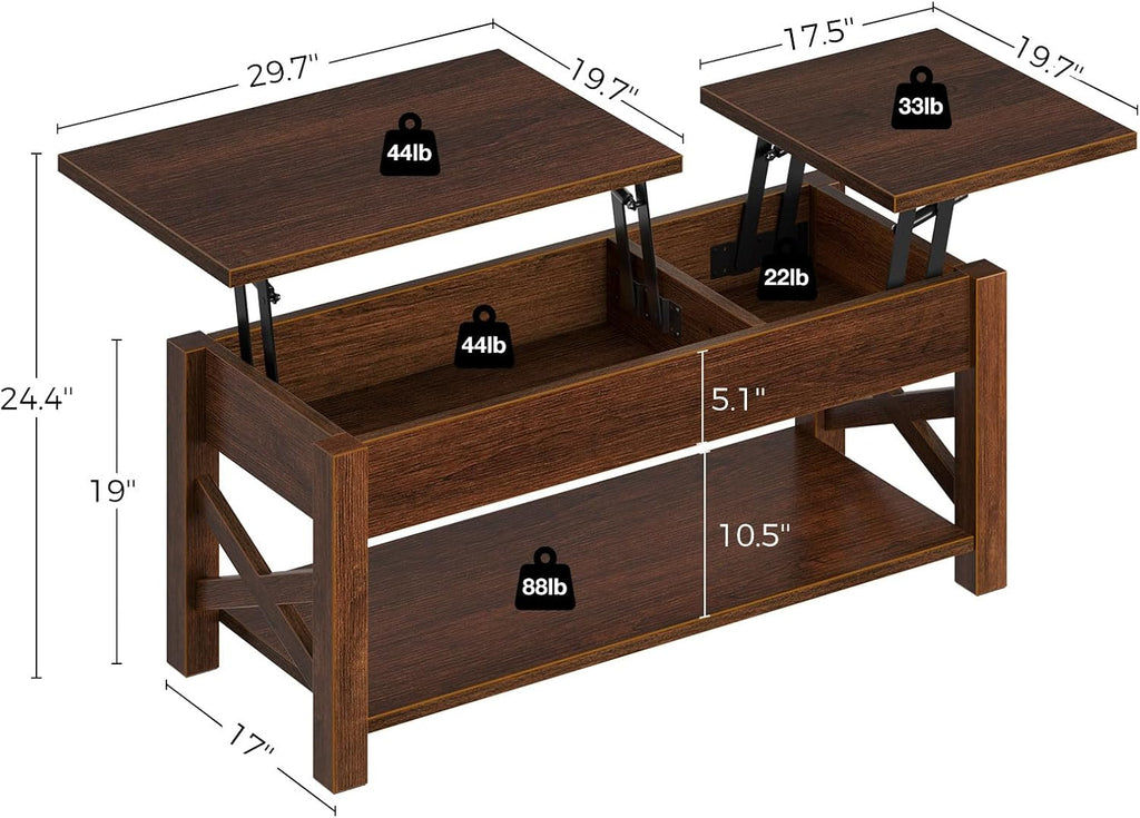 Rolanstar Coffee Table, 47.2" Lift Top with Hidden Compartment, 2 Way Lift Top Coffee Table with Open Shelf & X Wooded Support, Farmhouse Center Table for Living Room, Espresso