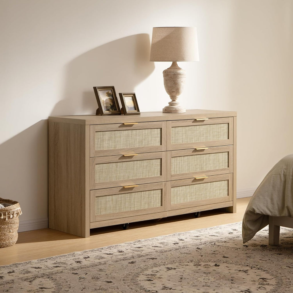 SICOTAS Rattan Dresser for Bedroom, 57" Wide 6 Drawer Dresser with Ample Storage, Dressers Large Chest of Drawers, Closet, Boho TV Stand for Bedroom (Reclaimed Light Oak, 1 Piece)