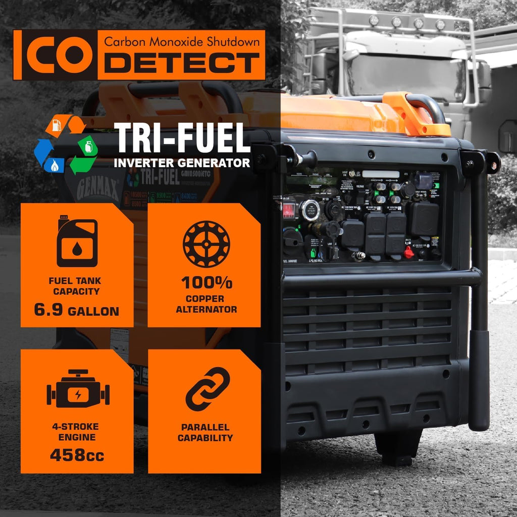 GENMAX Tri Fuel Generator 10500-Watt 458cc Tri Fuel Gasoline Propane Natural Gas Portable 50A Generator with Remote Start Ideal for Home backup power.