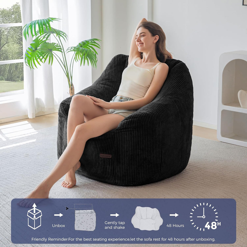 MAXYOYO Bean Bag Chair, Bean Bag Sofa with Filler, Cozy Living Room Chair for Adults and Kids, Stuffed Floor Sofa for Bedroom Dorm Reading, Black