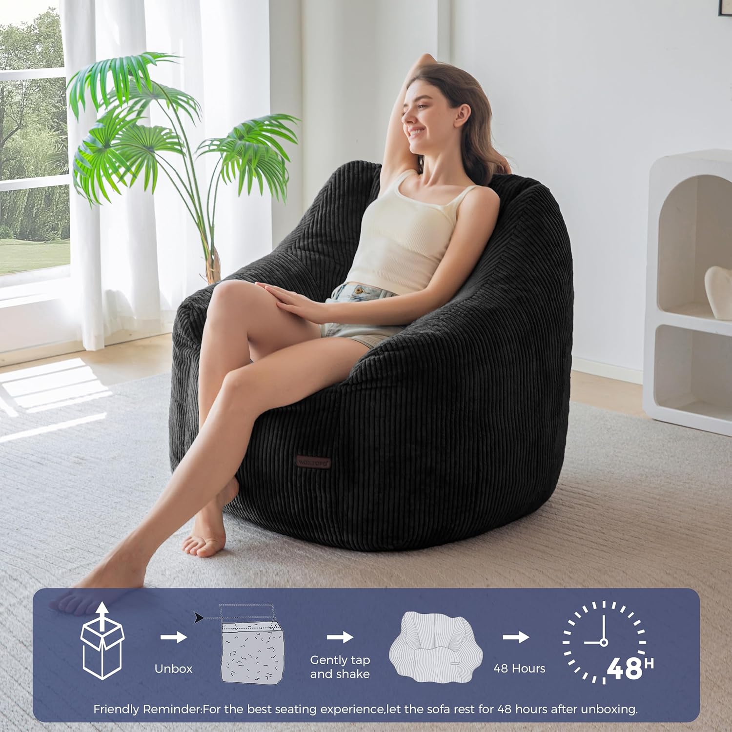 MAXYOYO Bean Bag Chair, Bean Bag Sofa with Filler, Cozy Living Room Chair for Adults and Kids, Stuffed Floor Sofa for Bedroom Dorm Reading, Black