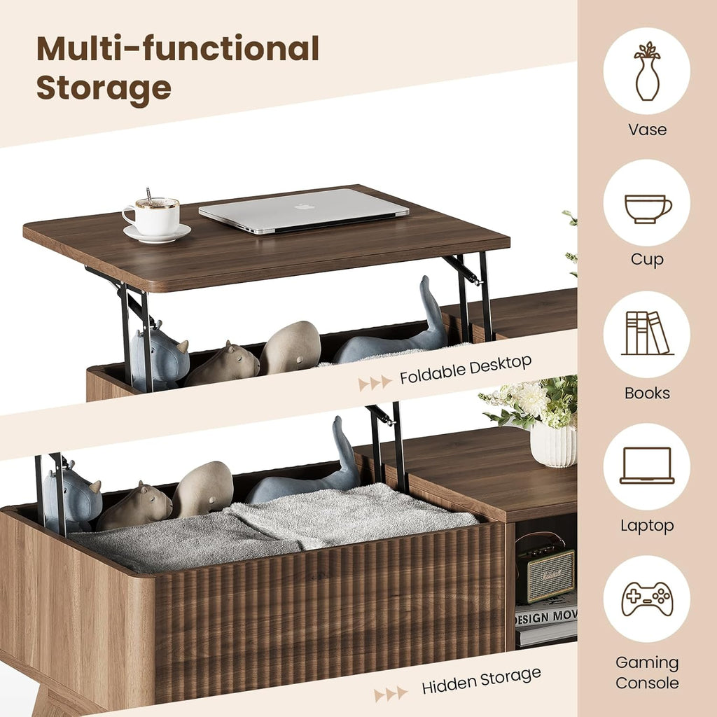 Wood Lift Top Coffee Table with Hidden Compartment and Large Storage Shelf, Lift Tabletop Dining Center Table for Home Living Room Office,Walnut