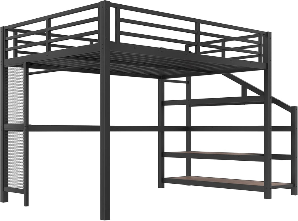 Bellemave Metal Queen Size Loft Bed with Desk and Storage Stairs,Heavy Duty Loft Bed Frame Queen Size with LED Lights and Charging Station for Kids,Teens,Adults,Black