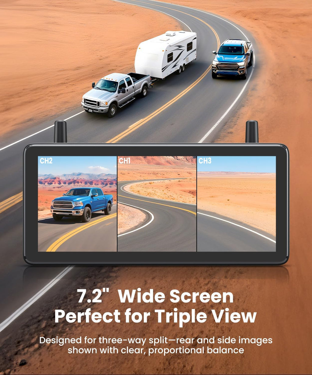 AUTO-VOX Wireless RV Backup Camera: Rear&Side View with 7.2” HD 1080P Triple-Split Screen Monitor  Dual Power USB/Car Charger  DVR Recording  Stable Signal Rear View Camera for Camper  Travel Trailer