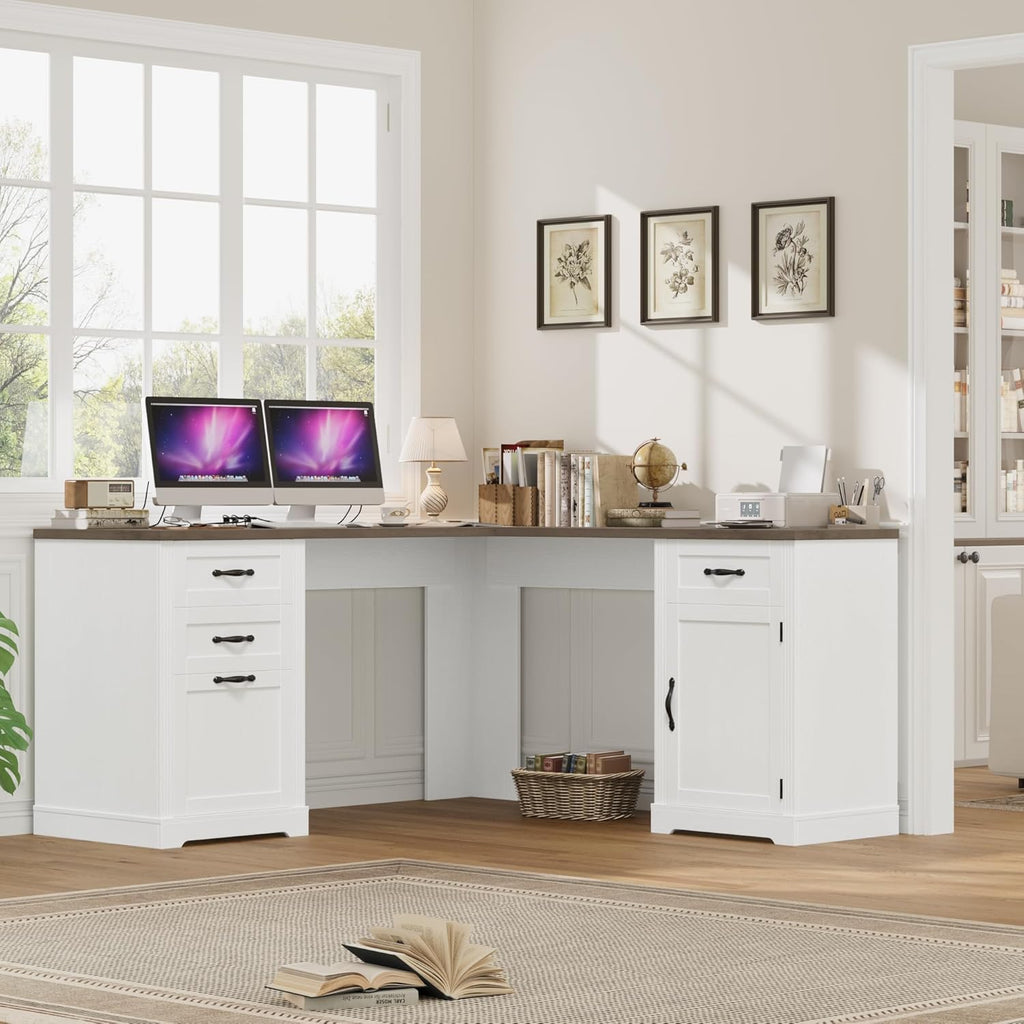 HIFIT Farmhouse Executive L Shaped Desk with Power Outlets, 60" Corner Computer Desk with 3 Storage Drawers & 2 File Cabinets, L Shaped Home Office Desk for Study, White