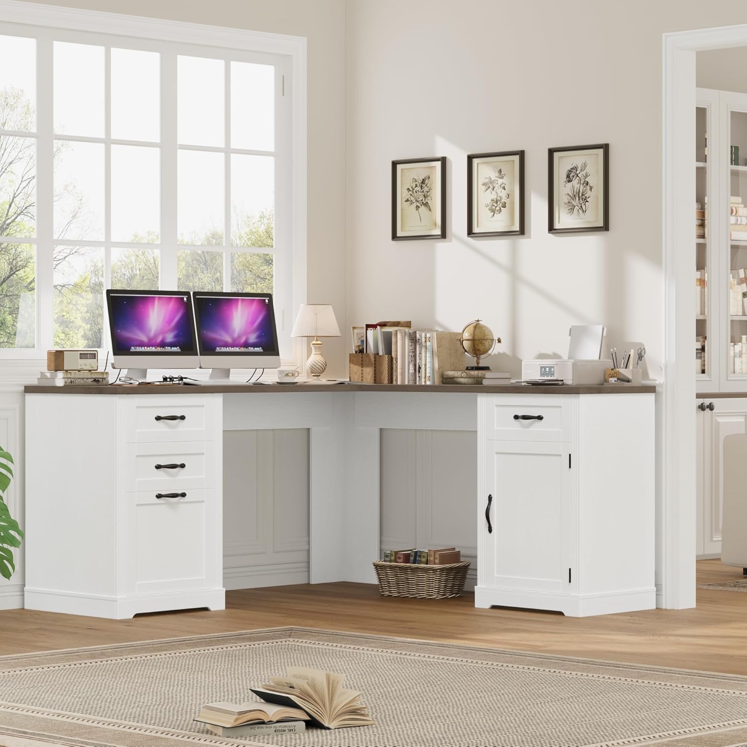 HIFIT Farmhouse Executive L Shaped Desk with Power Outlets, 60" Corner Computer Desk with 3 Storage Drawers & 2 File Cabinets, L Shaped Home Office Desk for Study, White