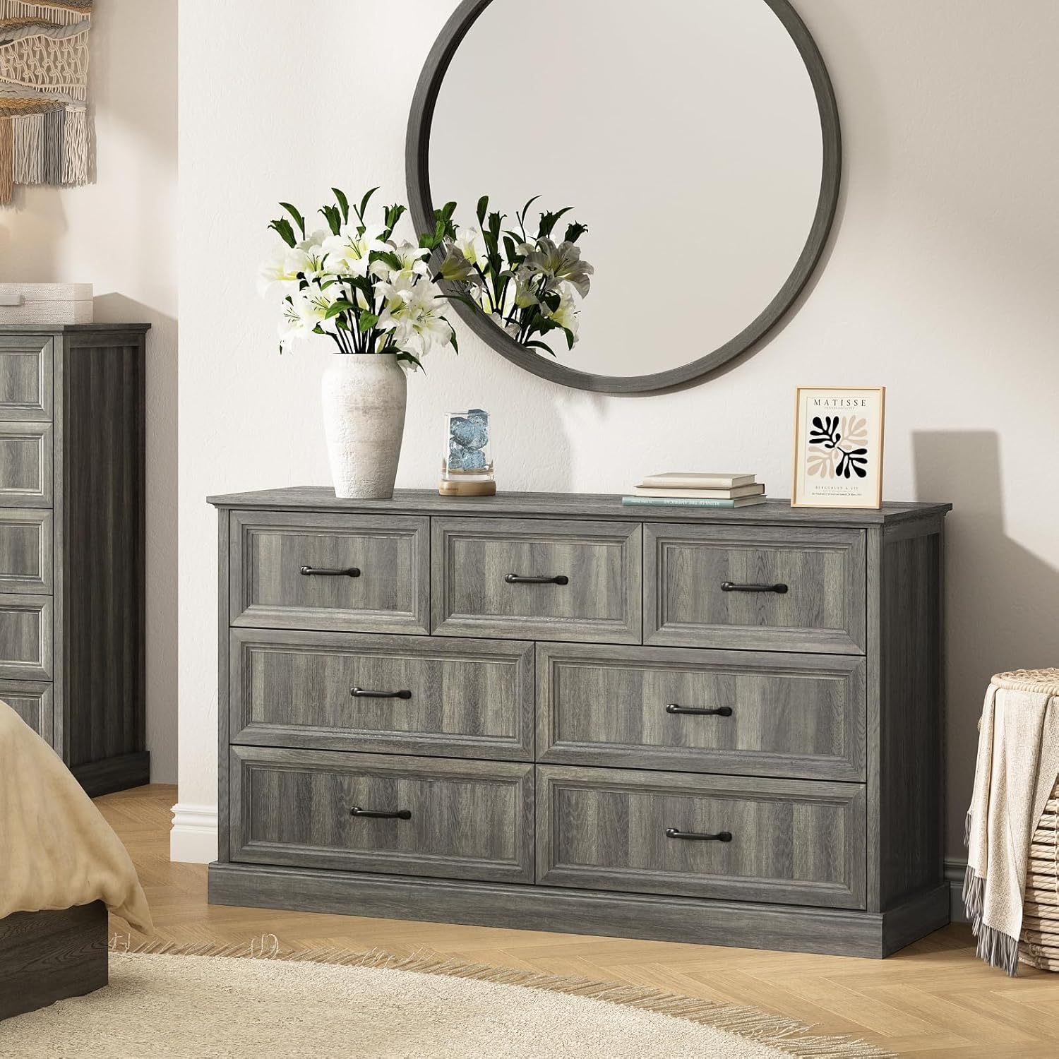 CARPETNAL Farmhouse 7 Drawer Dresser for Bedroom, 55 Inch Wide Modern Grey Dresser TV Stand with Large Drawers & Bar Handles, Rustic Wood Chest of Drawers for Bedroom, Living Room, Hallway, Entryway.