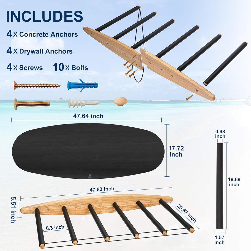 Hang 11 Vertical Surfboard Rack - Surf Racks for Wall, Sustainable Hardwood Surf Board Holder with Rubber Mat, Surfboard Wall Mount, Paddle Board & SUP Garage Storage (6 arms / 5-6 boards)