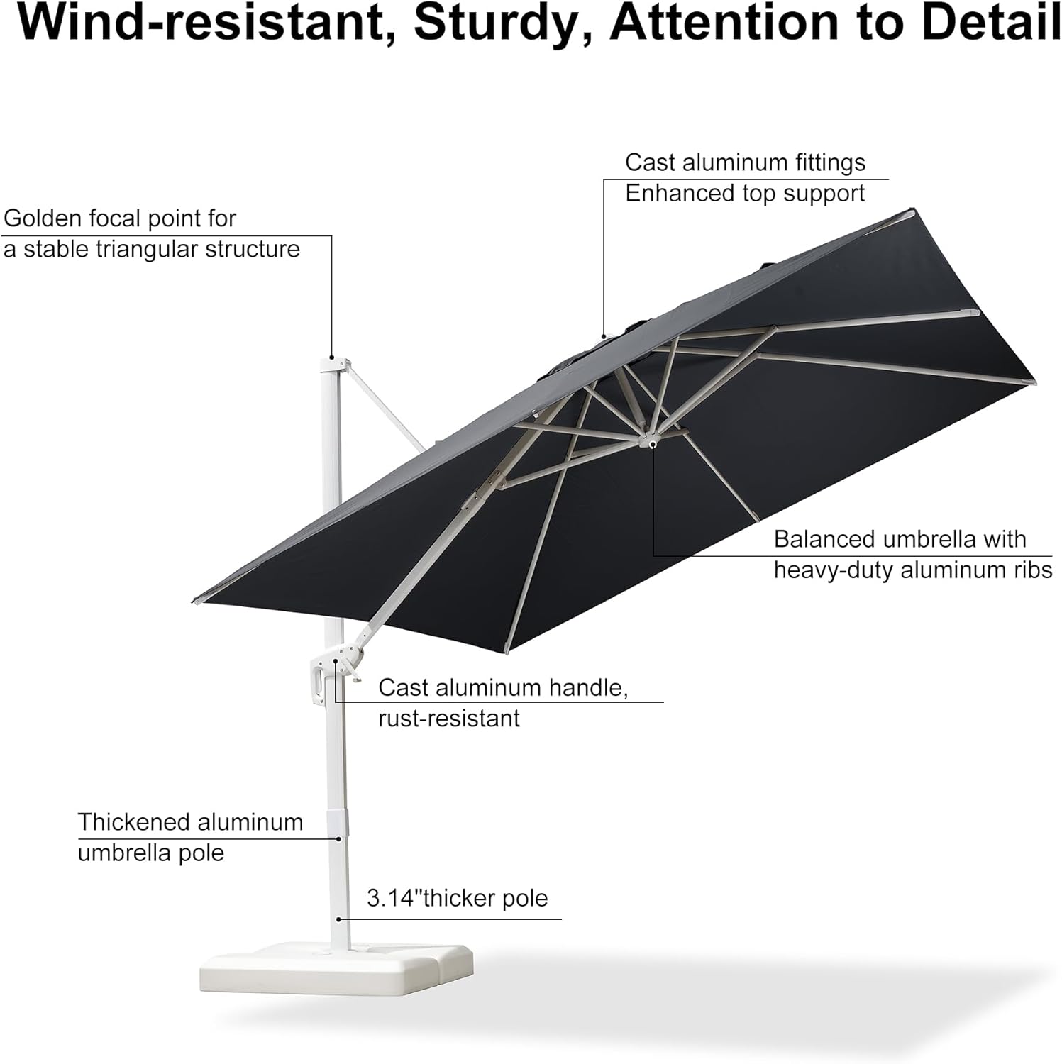 PURPLE LEAF 10 FT Patio Umbrella White Cantilever Umbrella Square Aluminum Offset Outdoor Umbrella Hanging Windproof with 360° Rotation for Garden Deck Pool, Grey