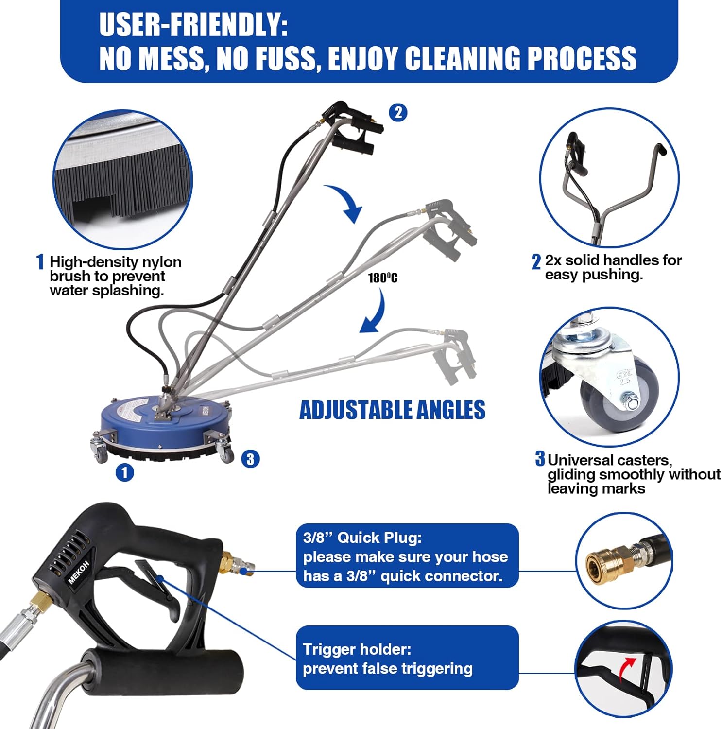 MEKOH Pressure Washer Surface Cleaner 20''  4500PSI Power Washer Surface Cleaner Attachment with Wheels  Pressure Washer Accessory for Driveway Sidewalk Curb Deck Patio Cleaning  3/8'' Quick-Connect