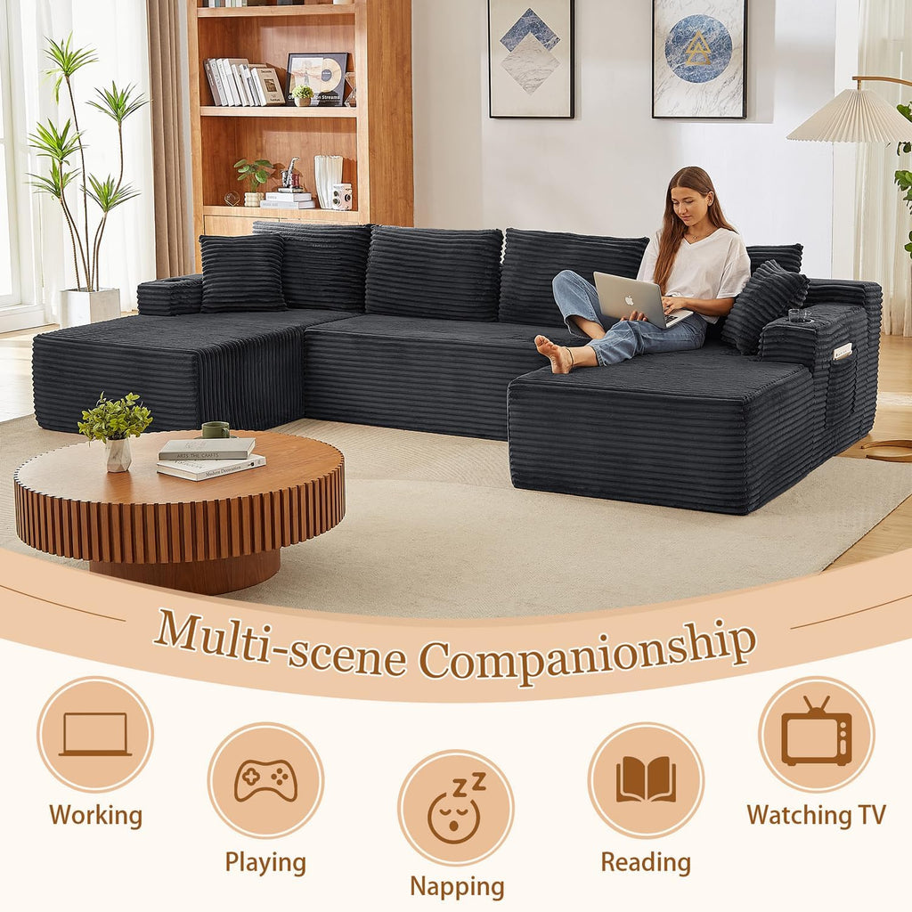 Modular Sectional Sleeper Sofa,134 Inch Boneless Cloud Couch for Living Room, U Shaped 5 Seat Sofa with 2 Storage Pockets& 2 Cup Holders, Free Combination, No Assembly Required (Dark Grey)