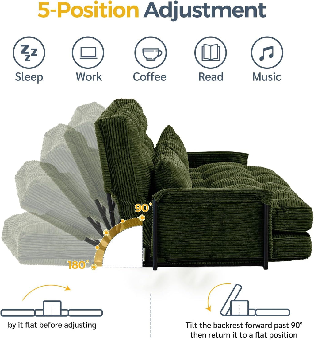 MAXYOYO Adjustable Floor Sofa Couch with 2 Pillows, Multi-Functional Bean Bag Bed, 5-Position Foldable Lazy Sofa Sleeper Bed with Armrest, Versatile Floor Seating for Reading, Dark Green, Double