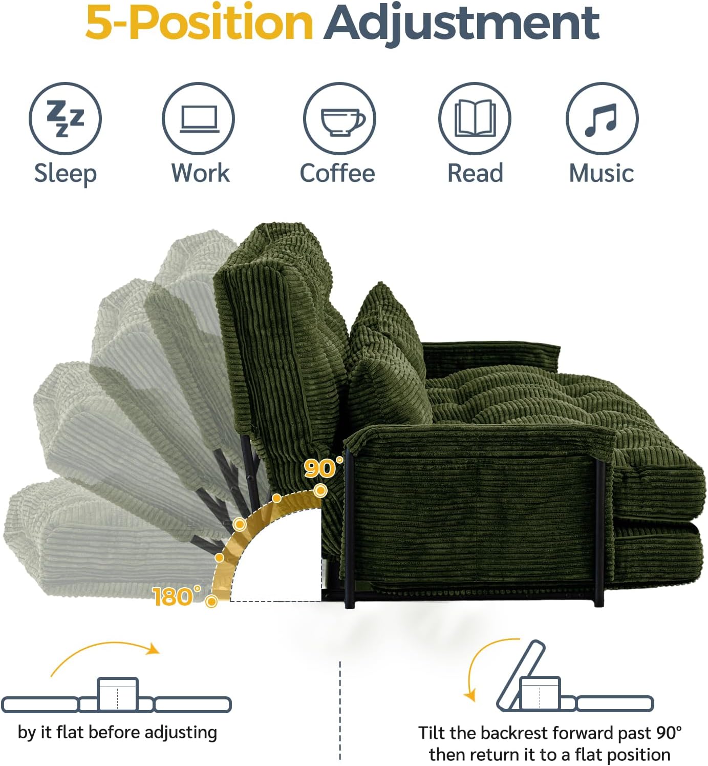 MAXYOYO Adjustable Floor Sofa Couch with 2 Pillows, Multi-Functional Bean Bag Bed, 5-Position Foldable Lazy Sofa Sleeper Bed with Armrest, Versatile Floor Seating for Reading, Dark Green, Double