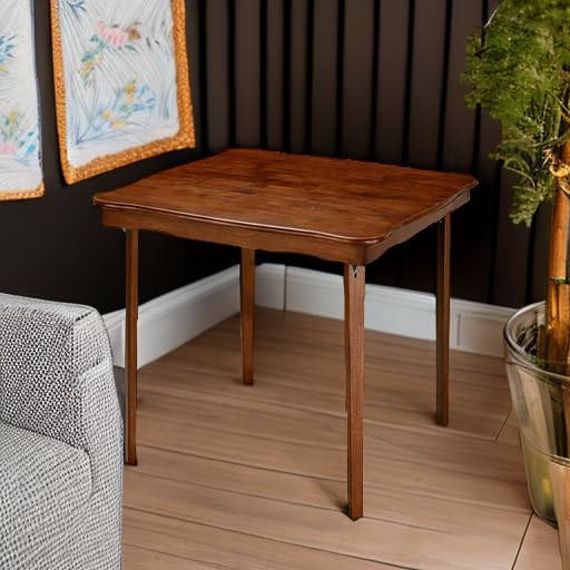 MECO Stakmore Stylish Durable Versatile Square Solid Wood Scalloped Edge Compact Folding Traditional Card Table for Home Use, Cherry