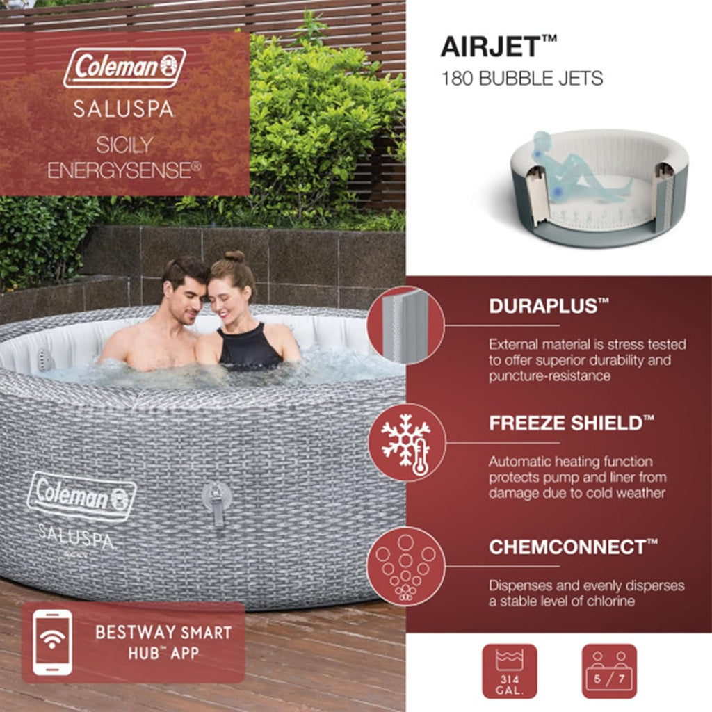 Coleman Sicily AirJet Large Round 5 to 7 Person Inflatable Hot Tub Portable Outdoor Spa with 180 AirJets and EnergySense Cover  Grey