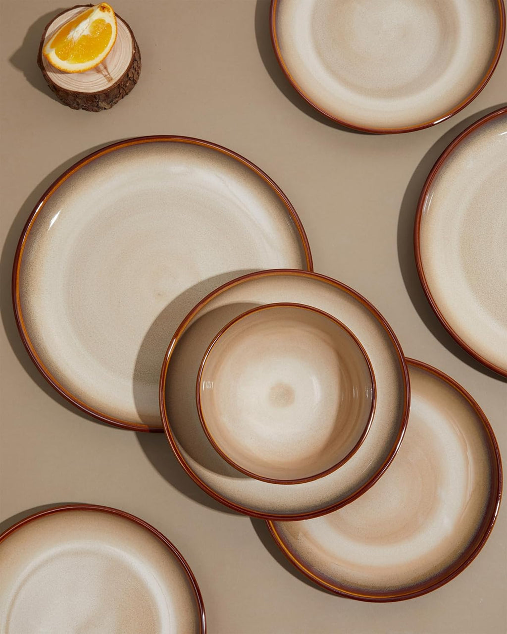 Pokini Stoneware Dinnerware Set Service for 4, 12 pcs Reactive Glaze Plates and Bowls Sets, Handmade Round Dishes Set, Highly Chip and Crack Resistant Modern Plate Set, Brown Yellow