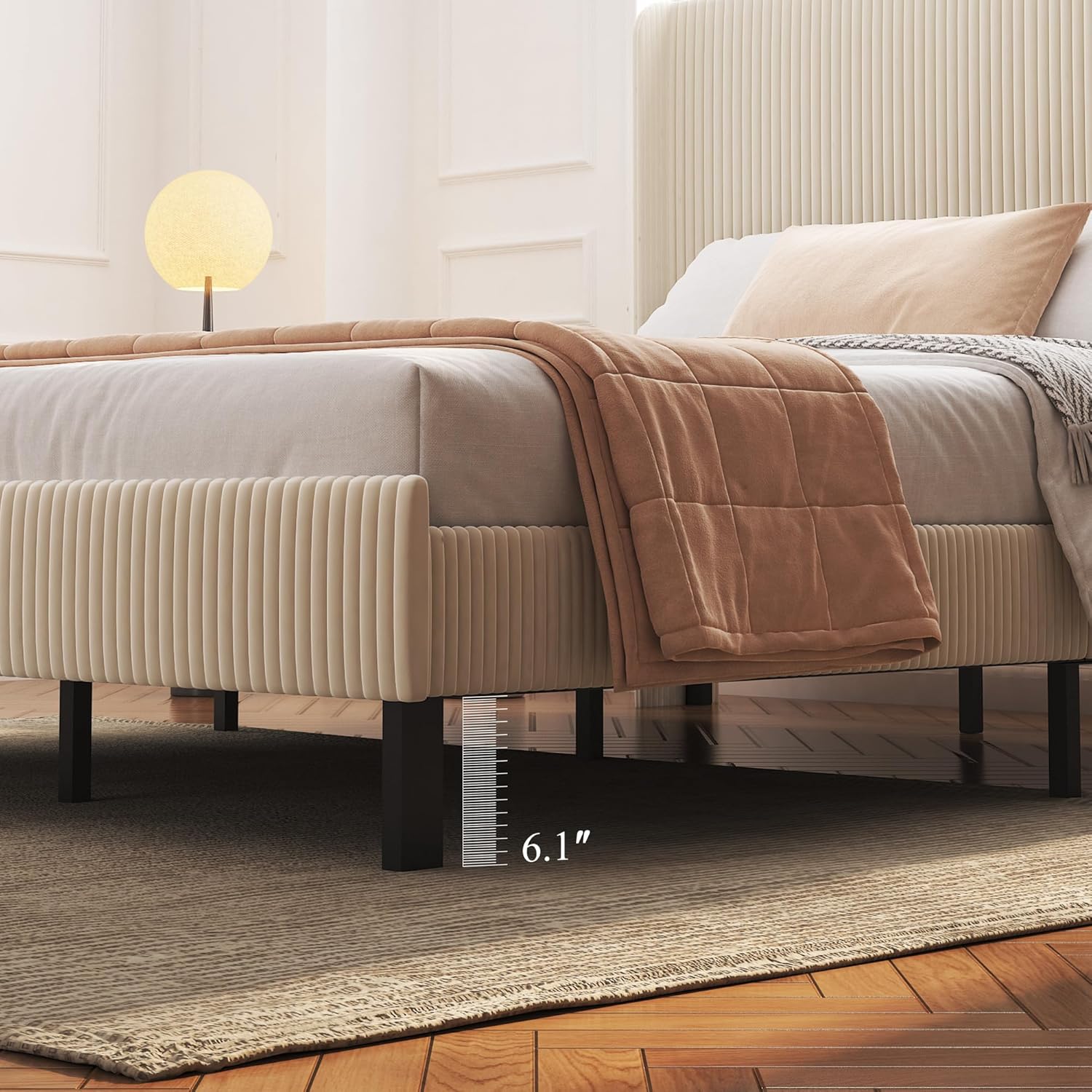 King Size Bed Frame,Upholstered Platform Bed Frame King Size with Vertical Channel Tufted Wingback Headboard/Charging Station/LED Light,Heavy Duty Metal Slats,No Box Spring Needed,Easy Assembly,Beige