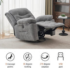 Power Swivel Rocker Recliner with Massage and Heat, USB Port, Infinite Position, Oversized Electric Glider Rocking Chairs Living Room, Soft Fabric Reclining Sofa Chair(Misty Gray)