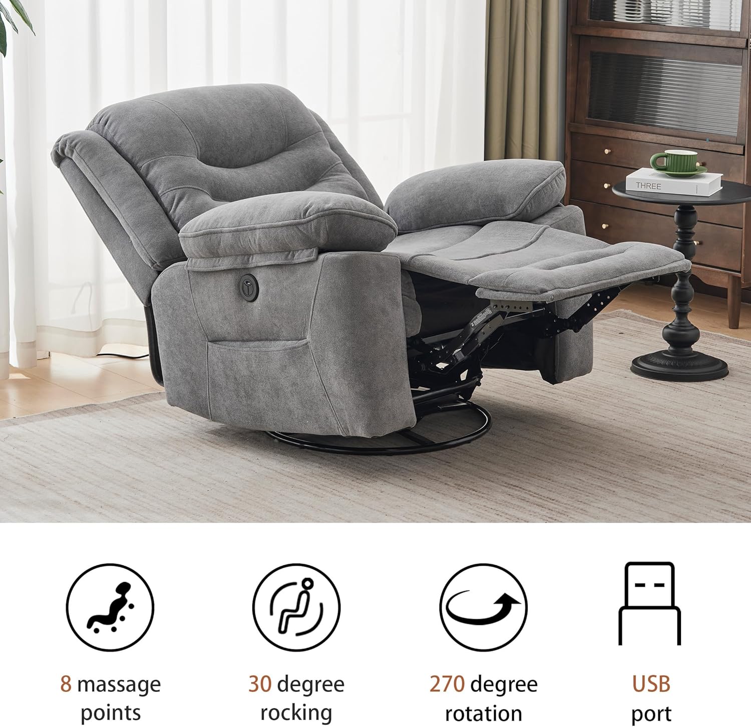 Power Swivel Rocker Recliner with Massage and Heat, USB Port, Infinite Position, Oversized Electric Glider Rocking Chairs Living Room, Soft Fabric Reclining Sofa Chair(Misty Gray)