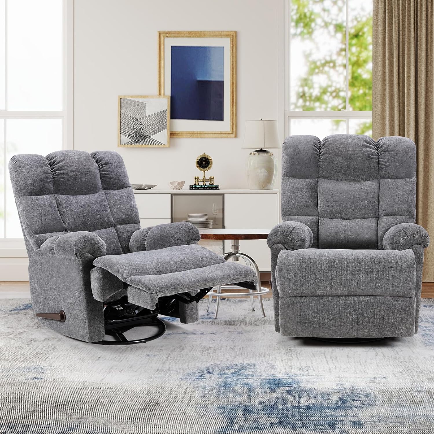 CANMOV Swivel Rocker Recliner for Adults, Glider Rocking Reclining Chair for Nursery, Manual Recliner Chair with Overstuffed Back and Arms for Living Room Bedroom Nursery, Grey