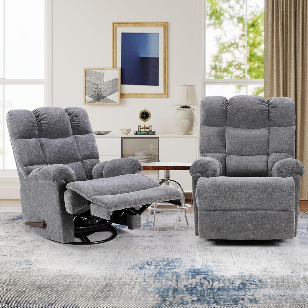 CANMOV Swivel Rocker Recliner for Adults, Glider Rocking Reclining Chair for Nursery, Manual Recliner Chair with Overstuffed Back and Arms for Living Room Bedroom Nursery, Grey