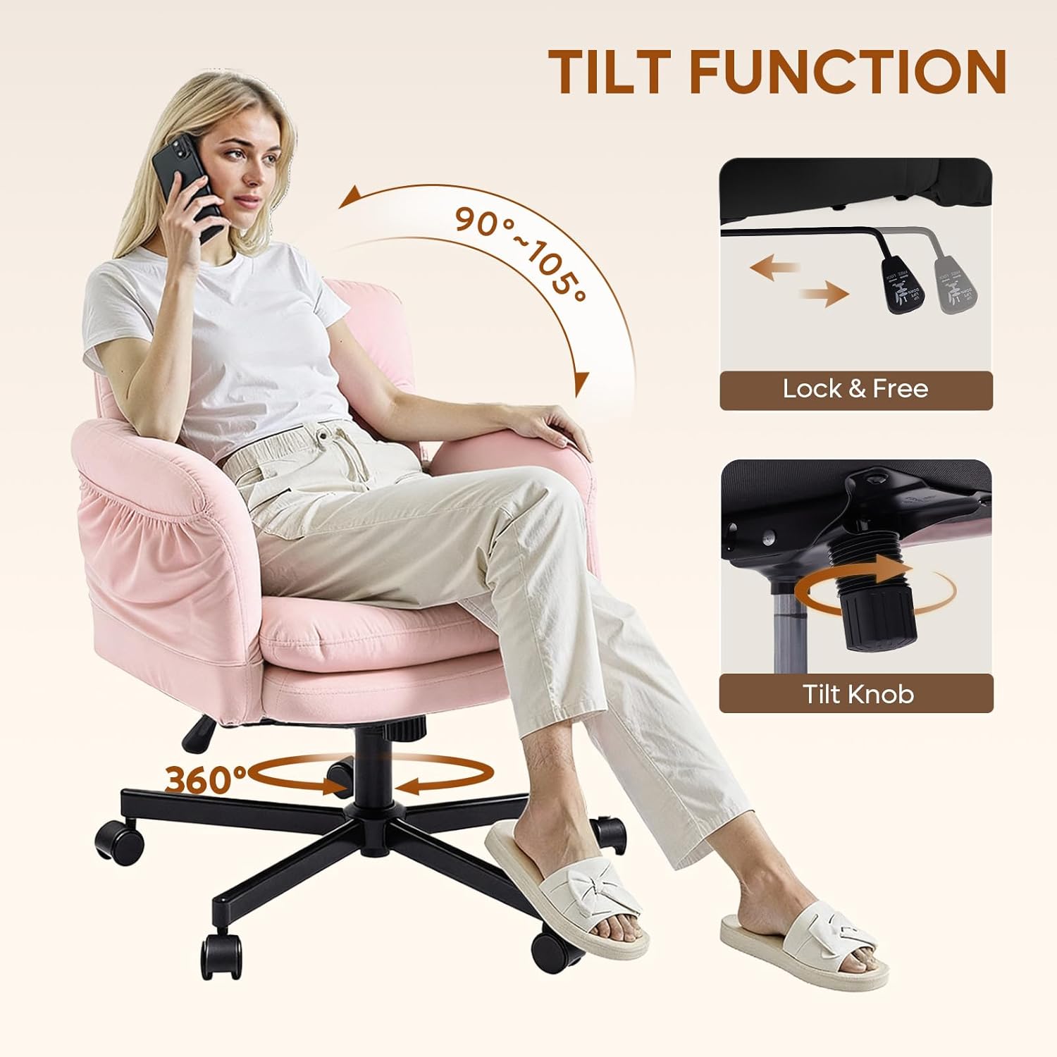 Bestier Criss Cross Chair with Flip-Up Armrests, Swivel Makeup Vanity Chair with Wheels & Side Pockets, Cross Legged Office Chair for Home Office, Bedroom, Pink Velvet