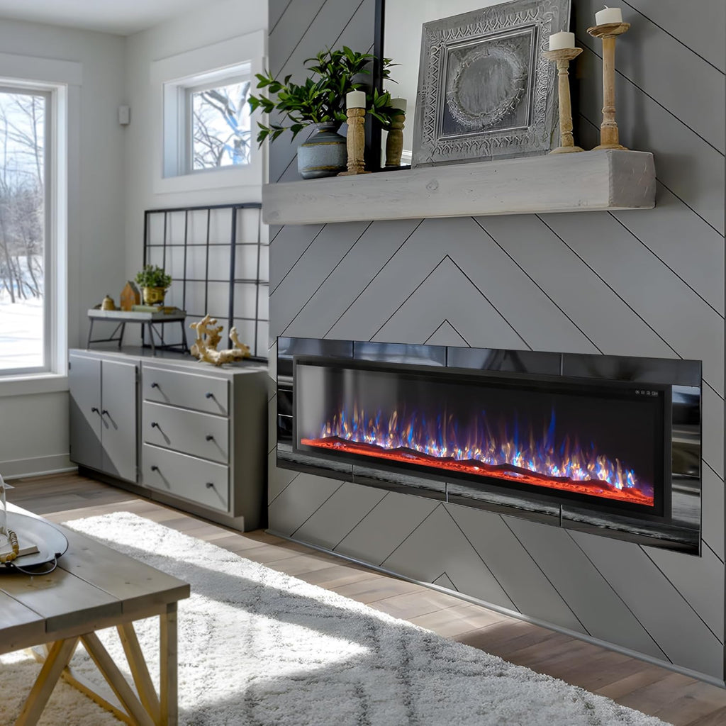 MAISON ARTS 72" Electric Fireplace, Recessed & Wall Mounted Electric Fireplace Heater, Ultra Narrow Frame Fireplace Insert w/Remote Control, Timer, Adjustable Flame Colors, Log/Crystal, 750/1500W