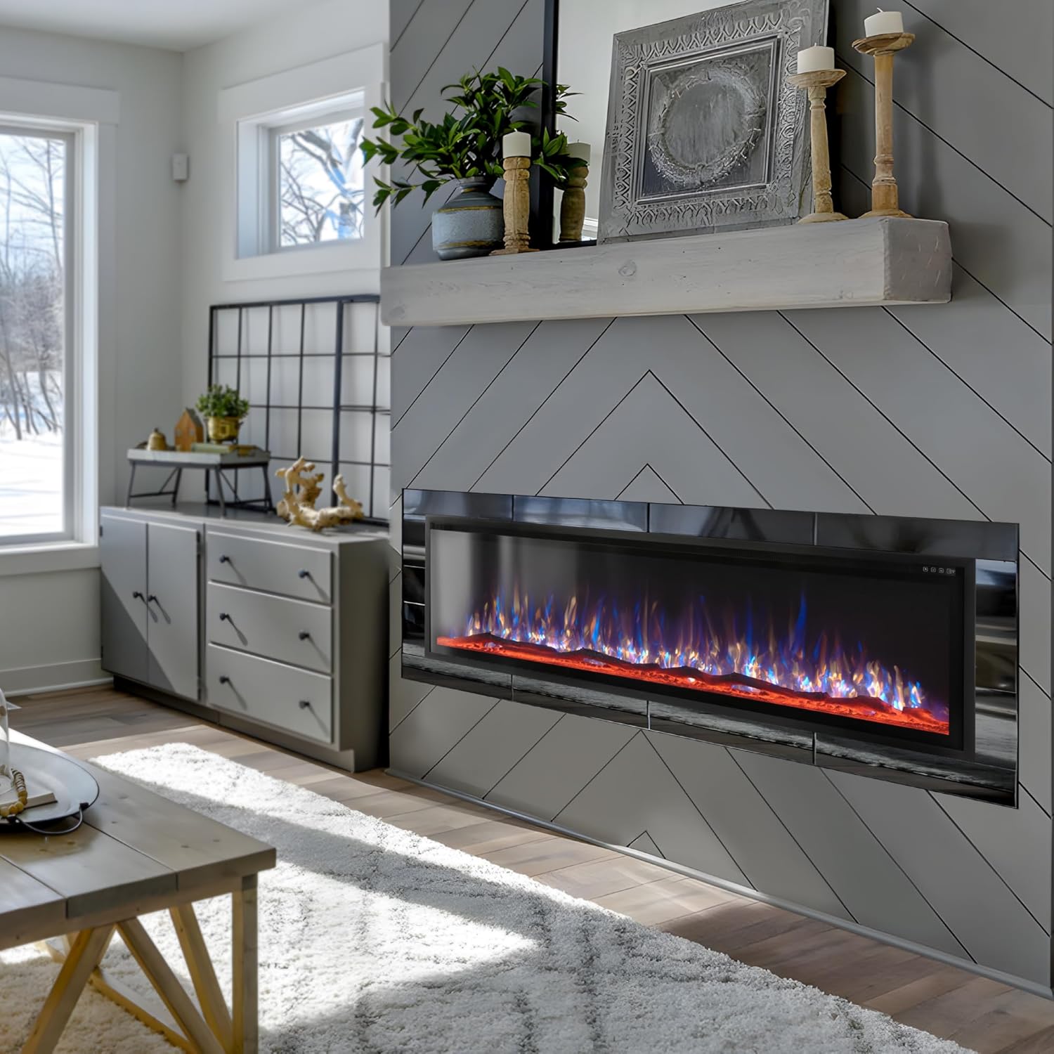 MAISON ARTS 72" Electric Fireplace, Recessed & Wall Mounted Electric Fireplace Heater, Ultra Narrow Frame Fireplace Insert w/Remote Control, Timer, Adjustable Flame Colors, Log/Crystal, 750/1500W