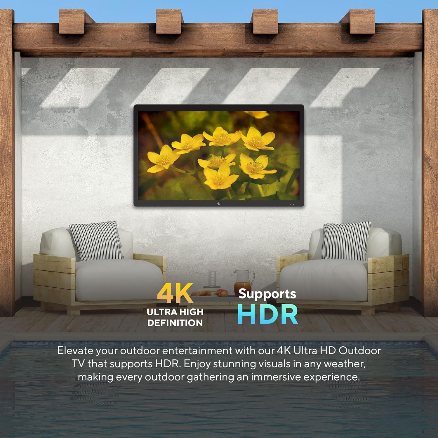 Core Innovations 4K UHD LED 43" Outdoor IP54 Weatherproof TV for Partial Sun with Compatible Wall Mount + IPX55 Waterproof Remote