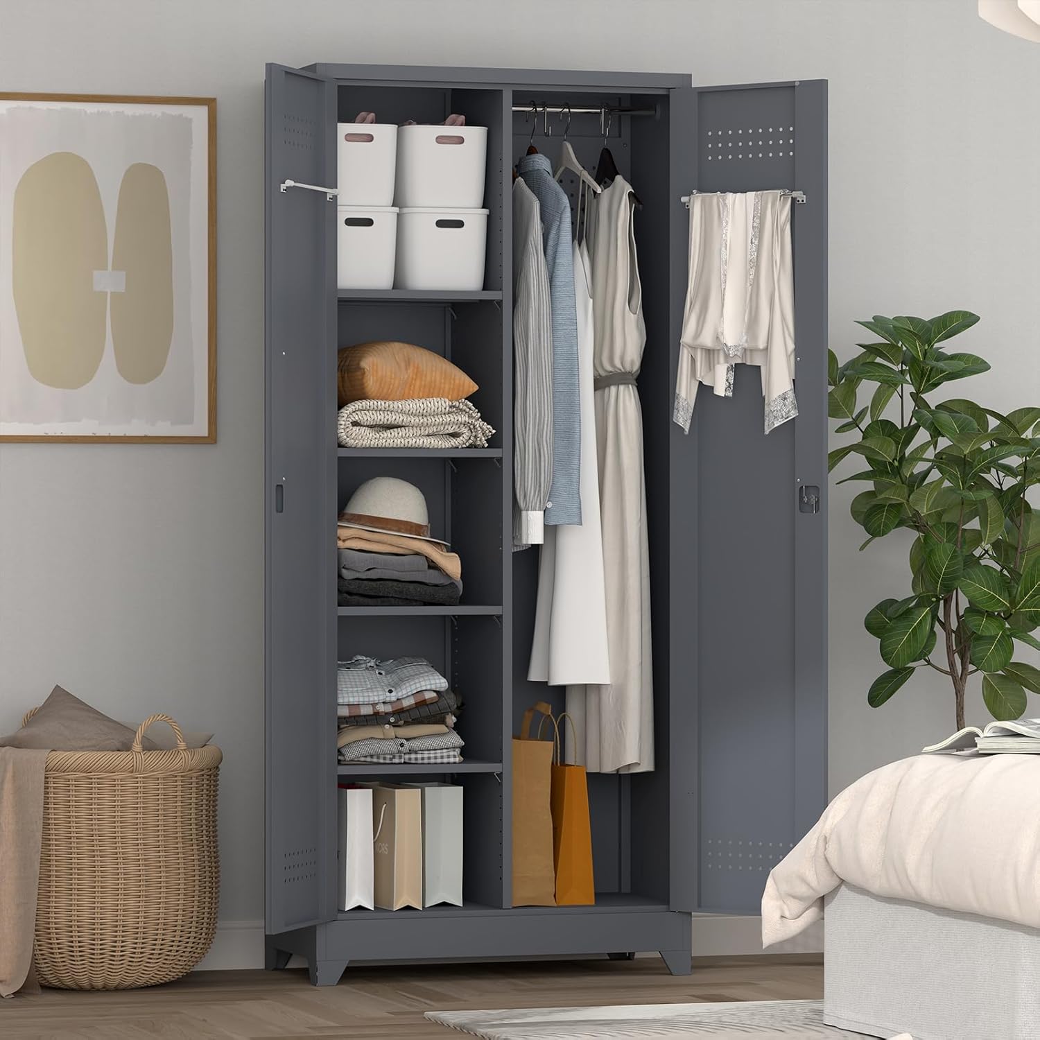 73" H Garage Storage Cabinet,Broom Closet Storage Cabinet with Adjust Shelves,Utility Cabinet,Utility Closet for Garage,Office,Gray