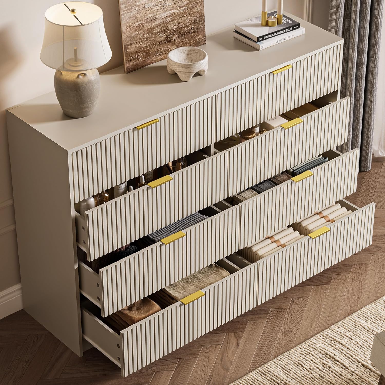 Beige Dresser for Bedroom, 8 Drawer Double Dresser, Modern Chest of Drawers for Bedroom, Living Room, Entryway and Closet, 55" L x 15.7" D x 37.4" H