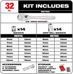 Milwaukee 48-22-9482 32-Piece Metric 3/8 in. Mechanics Ratchet and Socket Set with PACKOUT Case
