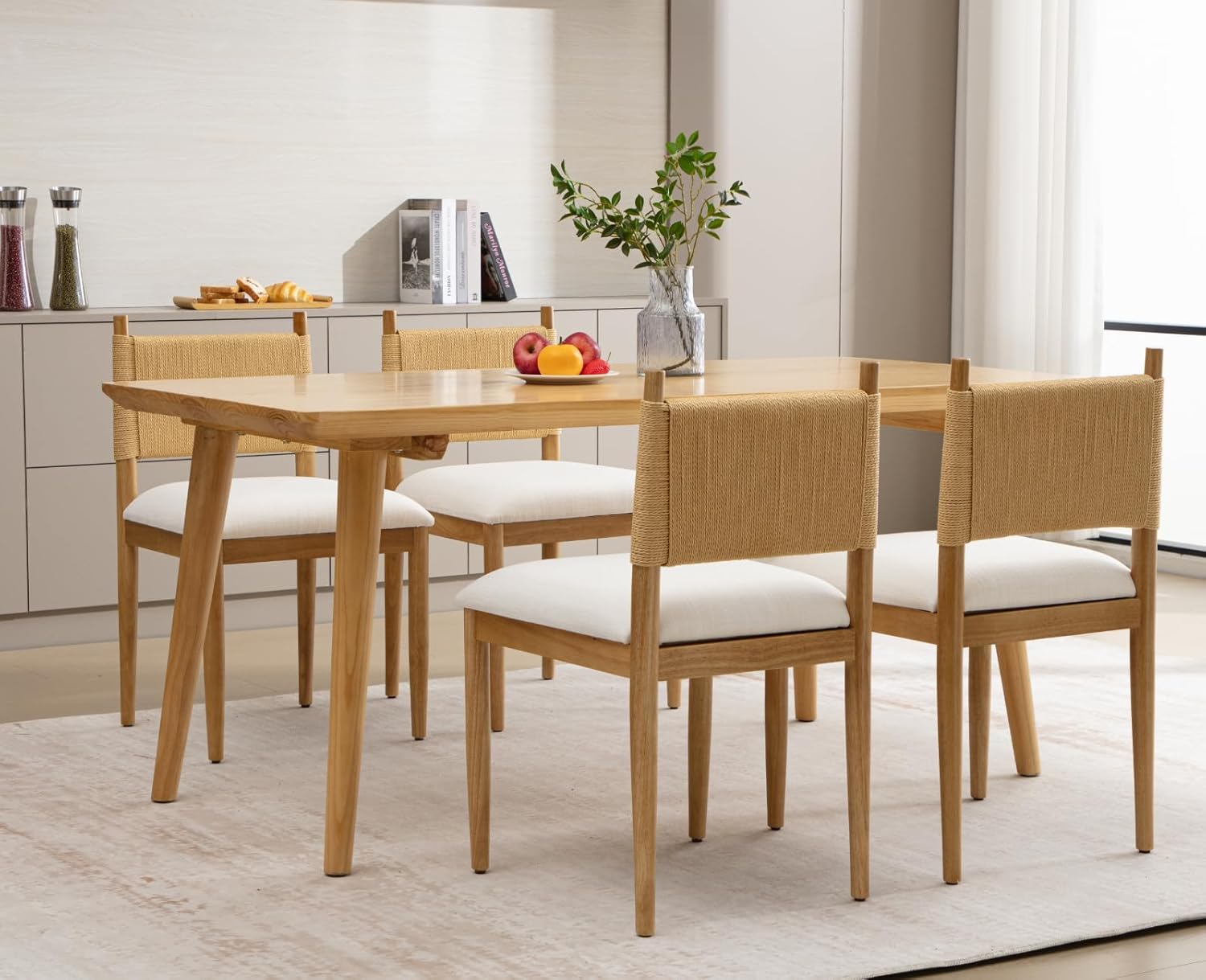 CIMOTA Modern Dining Chairs Set of 6, Mid Century Upholstered Dining Room Chairs with Woven Back, Armless Kitchen Chairs with Natural Solid Wood Legs, Linen Beige