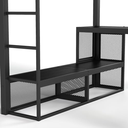 Bellemave Queen Size Loft Bed with Storage Shelves & Hanging Rod, Metal Queen Loft Bed Frame with Desk for Kids Teens, Black