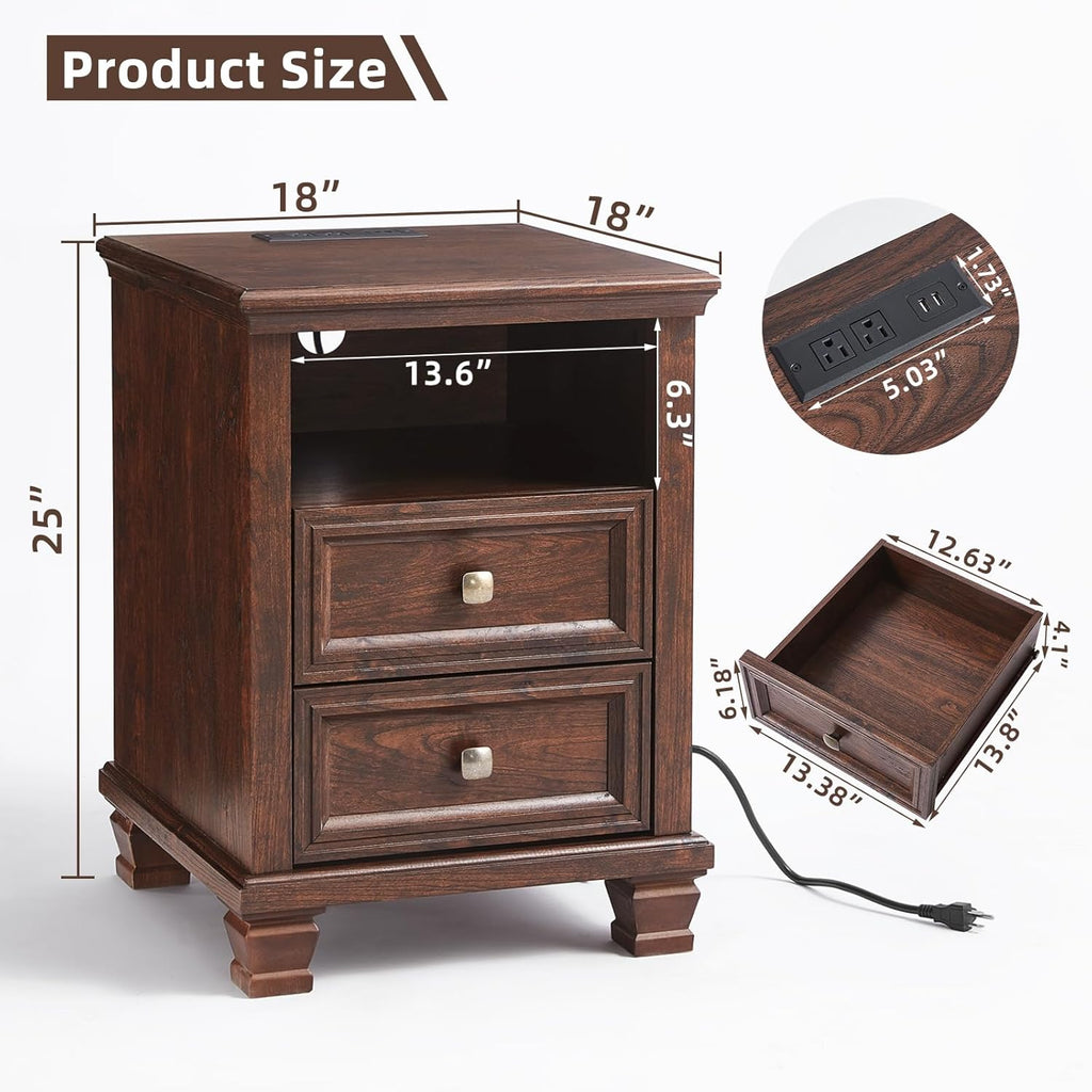 Farmhouse Nightstand Set of 2 with Charging Station, Rustic Brown Nightstand, 2 Drawers End Table, Bedside Table with Open Shelf for Bedroom, Walnut
