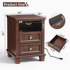 Farmhouse Nightstand Set of 2 with Charging Station, Rustic Brown Nightstand, 2 Drawers End Table, Bedside Table with Open Shelf for Bedroom, Walnut