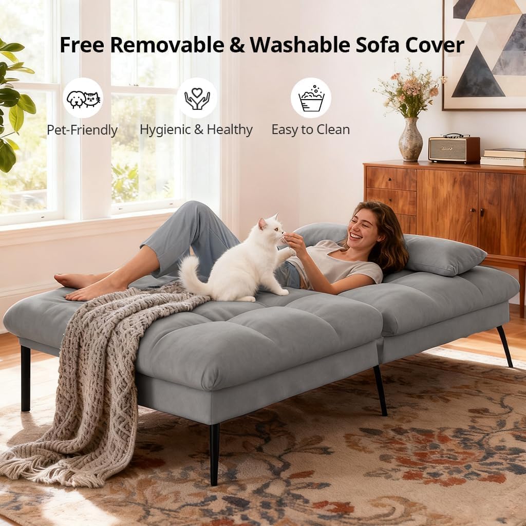 COMHOMA Convertible Futon Sofa Bed, 72″Fabric Futons Couch with Adjustable Backrest, Folding Sleeper Recliner for Living Room Furniture (Grey)