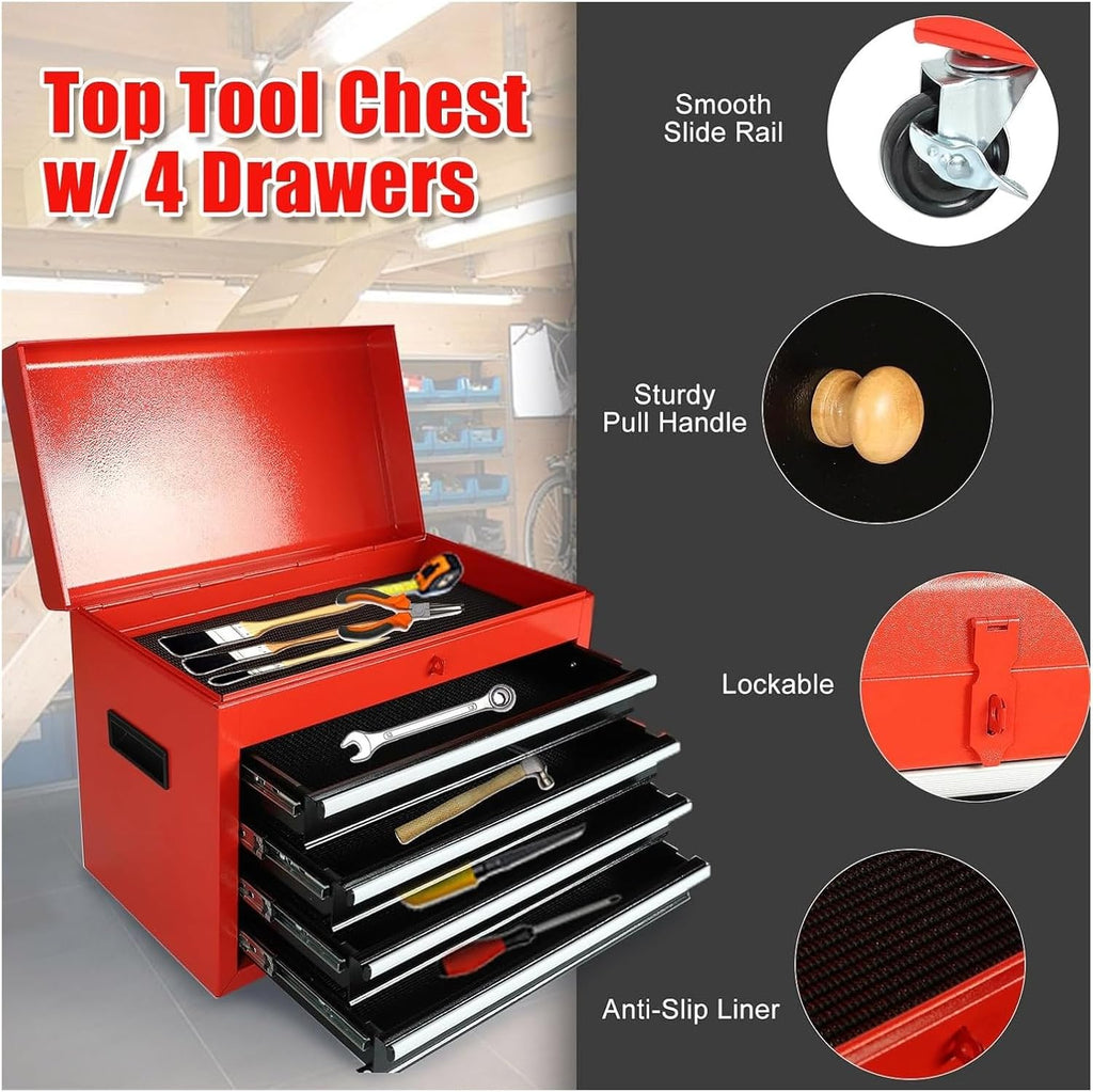 5-Drawer Rolling Tool Chest, 2 in 1 Tool Storage Cabinet with Detachable Top, Steel Tool Box with Wheels, Red and Black, Lockable, for Garage Workshop