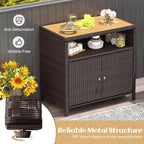 Tangkula Rattan Outdoor Storage Cabinet, Patiojoy Outdoor Cabinet with Acacia Wood Countertop, Open Compartment, 2-Door Wicker Sideboard, Outdoor Bar for Patio Garden Backyard Poolside (Mix Brown)