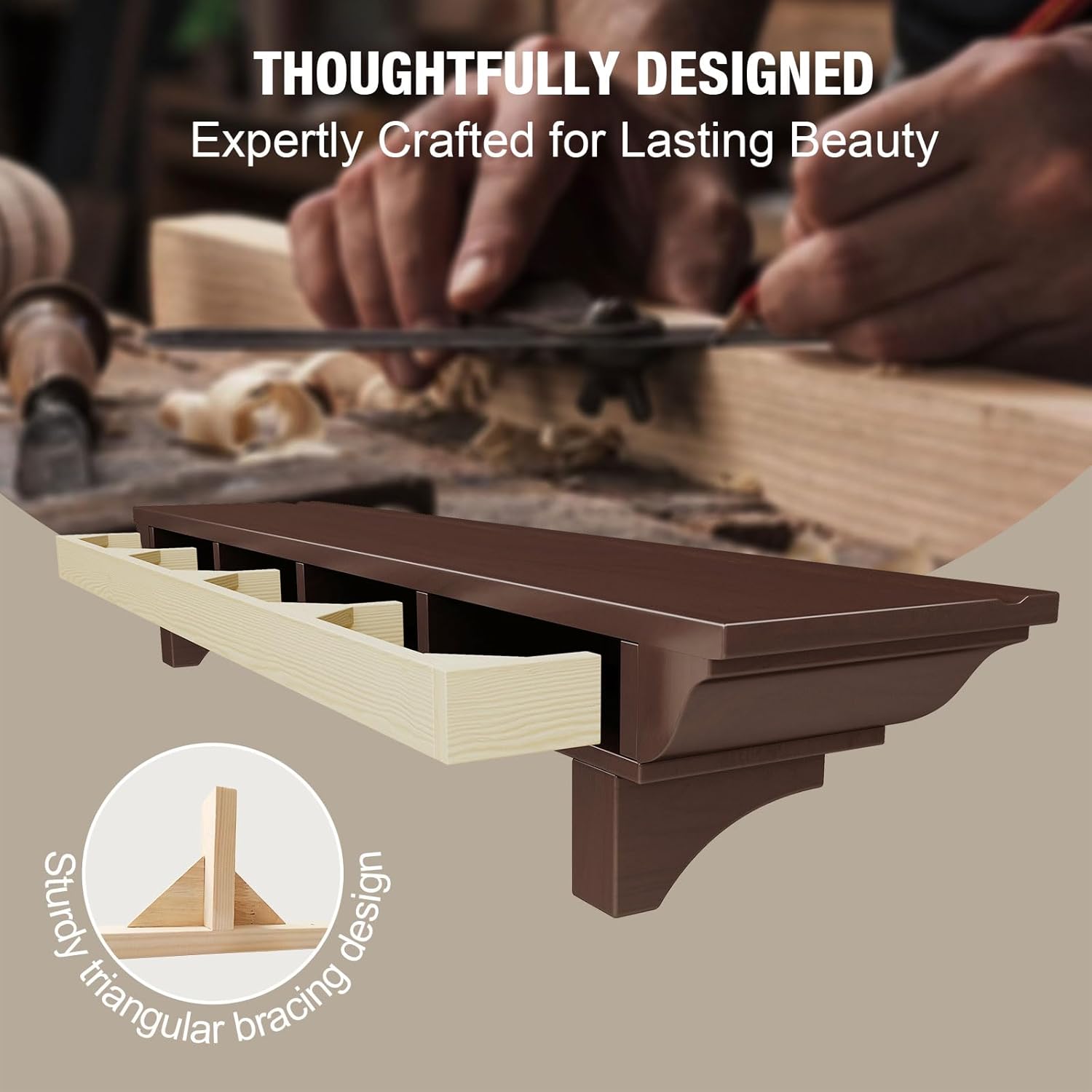 72 Inch Fireplace Mantel Shelf, Invisible Heavy Duty Bracket Floating Mantle for Over Fireplace, Wall Mounted Handcrafted Hollow Solid Wood Design, Rustic Traditional Fireplace Decor (Walnut)