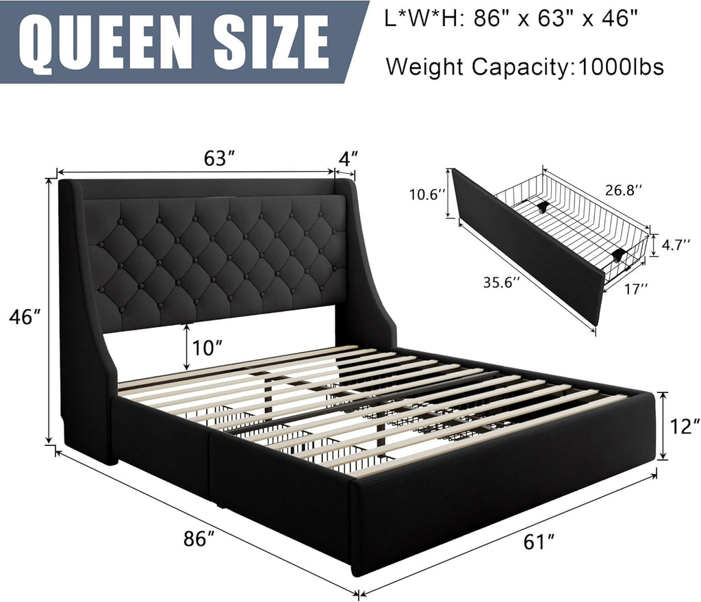 Queen Size Upholstered Platform Bed Frame with 4 Storage Drawers and Charging Station, Linen Button Tufted Wingback Headboard, Sturdy Wooden Support Slats, No Box Spring Needed, Black