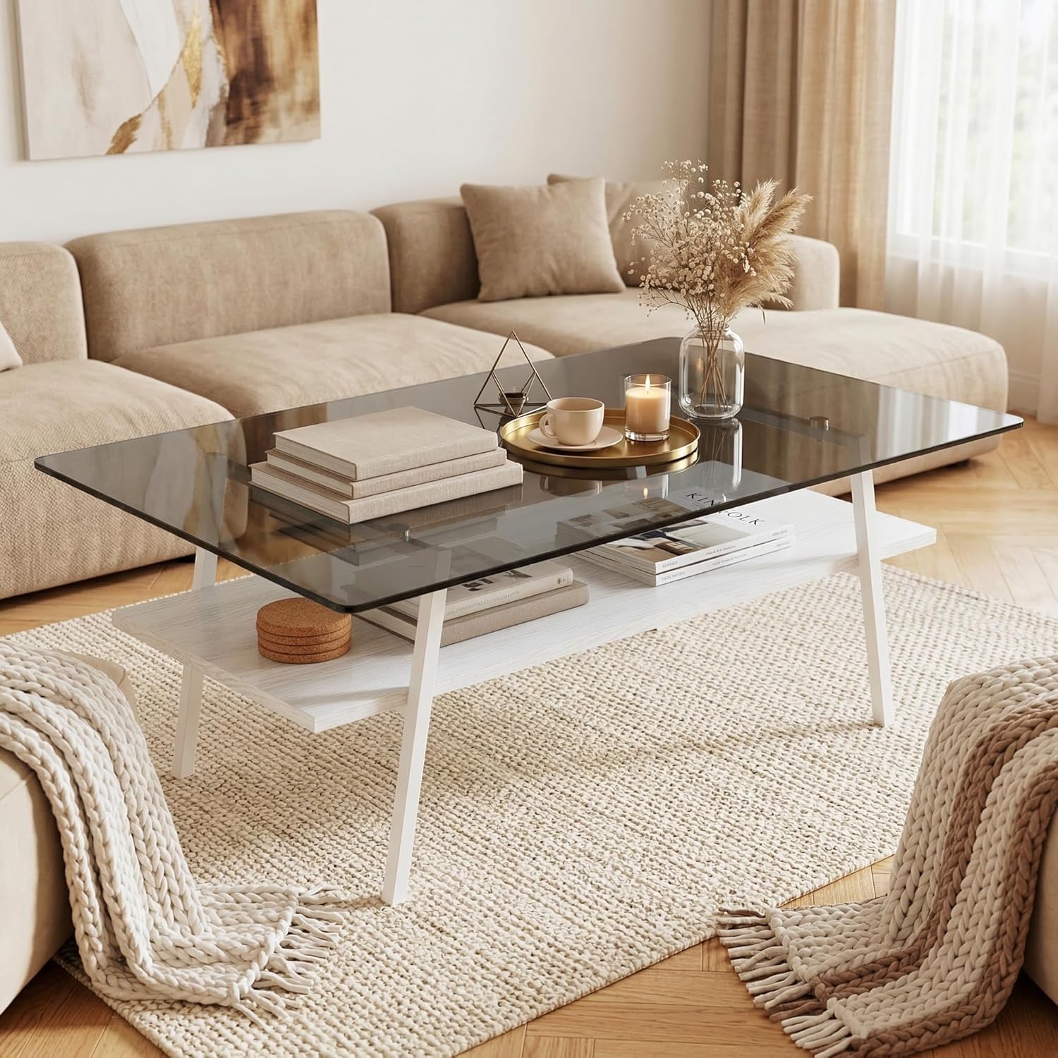 Casaphoria Modern Rectangle Coffee Table for Living Room, 2-Tier Center Table with Gray Tempered Glass Top, White Wooden Shelf & Metal Legs, 38.6 Inch, Gray/White