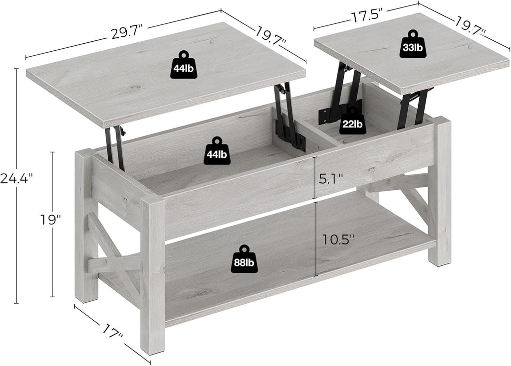 Rolanstar 47.2" Lift Top Coffee Table with Hidden Compartment, 2 Way Lift Top Coffee Table with Open Shelf & X Wooded Support, Farmhouse Center Table for Living Room, Grey