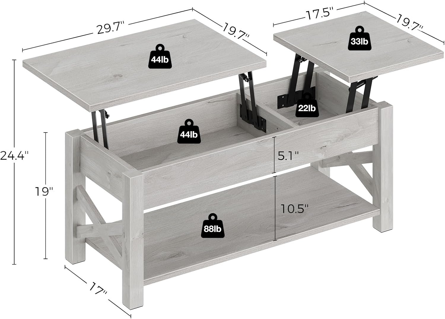Rolanstar 47.2" Lift Top Coffee Table with Hidden Compartment, 2 Way Lift Top Coffee Table with Open Shelf & X Wooded Support, Farmhouse Center Table for Living Room, Grey