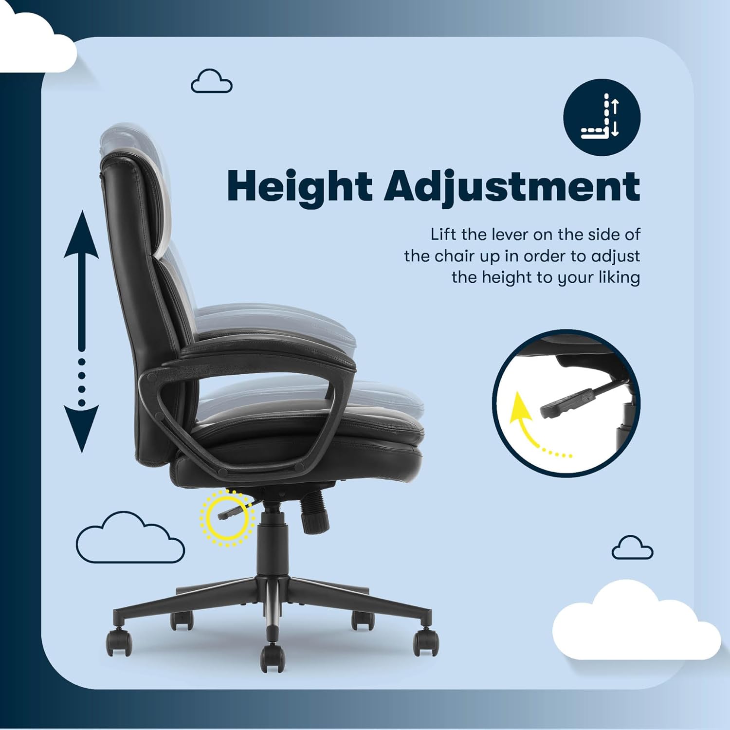 Serta Comfort Ergo Executive Office Chair, Ergonomic Mid-Back Design with Lumbar Support, Semi-Plush Double-Layer Seat Cushion, Padded Armrests, Swivel Metal Base, Bonded Leather, Black