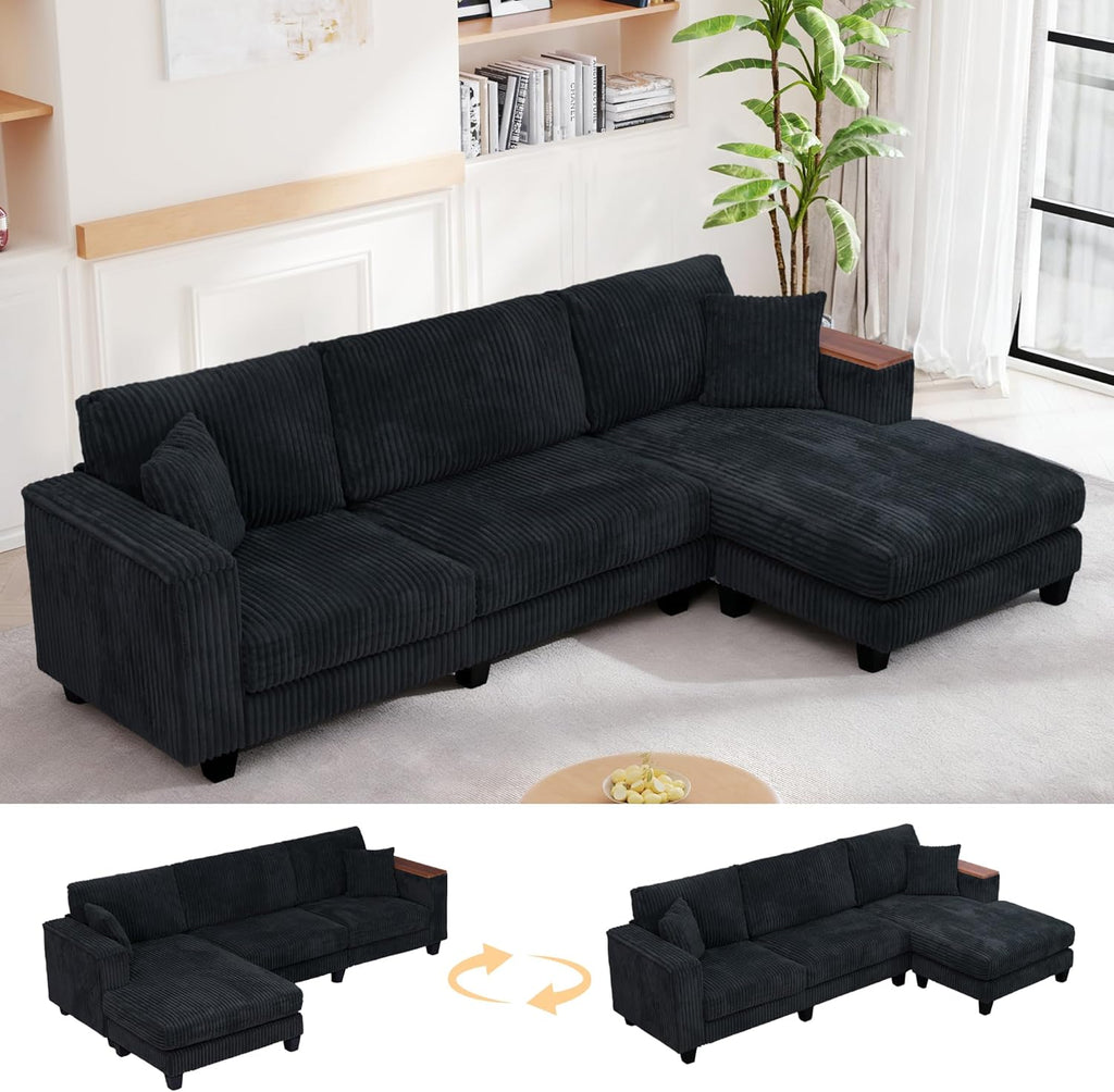 114.5" Corduroy Sectional Sofa with Armrest Storage & Reversible Chaise, Comfy L Shaped Sofa 4 Seat Sectional Couch, Modern Upholstery Couch with Removable Covers, for Living Room, Apartment, Black